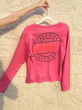 PINK Victoria’s Secret Pink Bling Logo Mesh V-Neck Long Sleeve Y2K Top